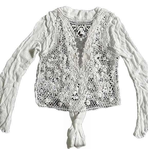 GUESS WHITE LONG SLEEVE LIGHTWEIGHT CARDIGAN WITH OPEN LACE/MESH BACK SIZE XS - Picture 4 of 9